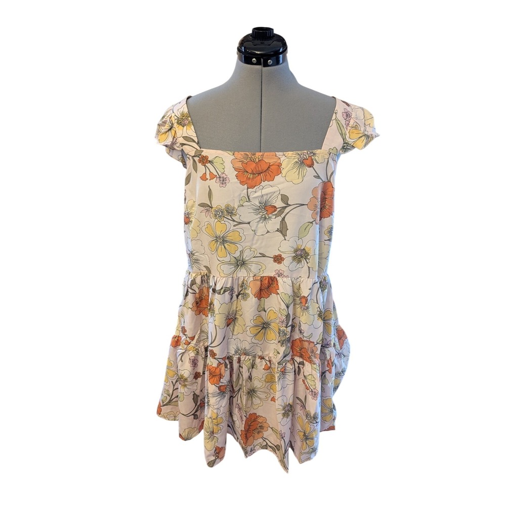 Lottie & Holly Floral Boho‎ Mini Dress Sz L Ruffle Tie Back Festival Cottagecore